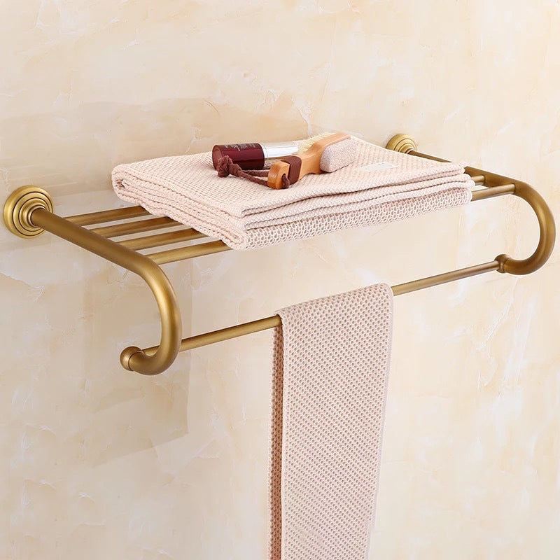 4-Piece Traditional Bathroom Accessory Set Gold Brass Bathroom Accessories Hardware Set Towel Rack Clearhalo 'Bathroom Hardware Sets' 'Bathroom Hardware' 'Bathroom Remodel & Bathroom Fixtures' 'bathroom_hardware_sets' 'Home Improvement' 'home_improvement' 'home_improvement_bathroom_hardware_sets' 7117113