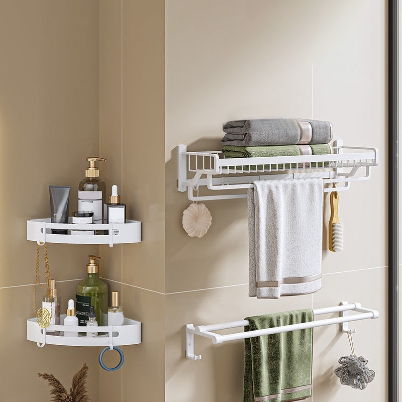 Modern White Finish Bathroom Accessory Set with Bath Shelf/Towel Bar/Robe Hooks Double Bars 4-Piece Set (Towel Bar) Clearhalo 'Bathroom Hardware Sets' 'Bathroom Hardware' 'Bathroom Remodel & Bathroom Fixtures' 'bathroom_hardware_sets' 'Home Improvement' 'home_improvement' 'home_improvement_bathroom_hardware_sets' 7117346