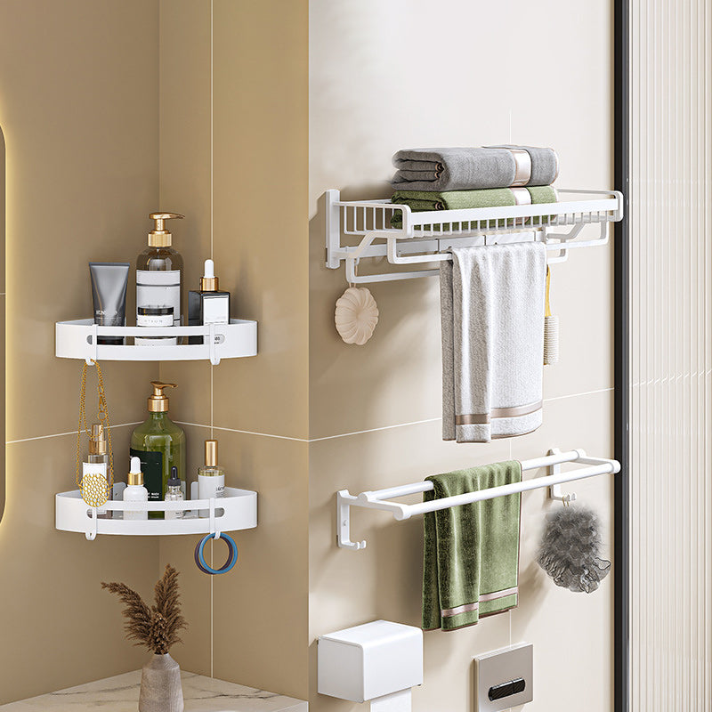 Modern White Finish Bathroom Accessory Set with Bath Shelf/Towel Bar/Robe Hooks Double Bars 5-Piece Set (Towel Bar) Clearhalo 'Bathroom Hardware Sets' 'Bathroom Hardware' 'Bathroom Remodel & Bathroom Fixtures' 'bathroom_hardware_sets' 'Home Improvement' 'home_improvement' 'home_improvement_bathroom_hardware_sets' 7117351