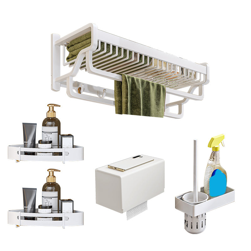 Modern White Finish Bathroom Accessory Set with Bath Shelf/Towel Bar/Robe Hooks Double Bars 5-Piece Set (Toilet Brush) Clearhalo 'Bathroom Hardware Sets' 'Bathroom Hardware' 'Bathroom Remodel & Bathroom Fixtures' 'bathroom_hardware_sets' 'Home Improvement' 'home_improvement' 'home_improvement_bathroom_hardware_sets' 7117352