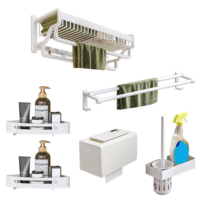 Modern White Finish Bathroom Accessory Set with Bath Shelf/Towel Bar/Robe Hooks Double Bars 6-Piece Set Clearhalo 'Bathroom Hardware Sets' 'Bathroom Hardware' 'Bathroom Remodel & Bathroom Fixtures' 'bathroom_hardware_sets' 'Home Improvement' 'home_improvement' 'home_improvement_bathroom_hardware_sets' 7117353