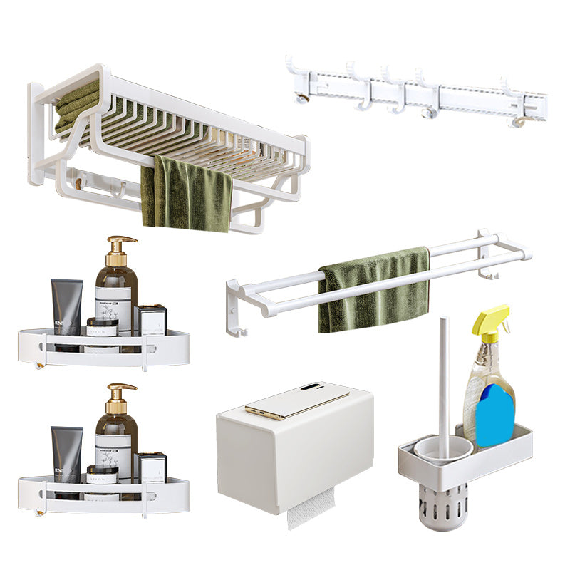 Modern White Finish Bathroom Accessory Set with Bath Shelf/Towel Bar/Robe Hooks Double Bars 7-Piece Set Clearhalo 'Bathroom Hardware Sets' 'Bathroom Hardware' 'Bathroom Remodel & Bathroom Fixtures' 'bathroom_hardware_sets' 'Home Improvement' 'home_improvement' 'home_improvement_bathroom_hardware_sets' 7117354