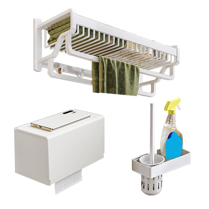 Modern White Finish Bathroom Accessory Set with Bath Shelf/Towel Bar/Robe Hooks Double Bars Towel Rack & Toilet Paper Holder & Toilet Brush Clearhalo 'Bathroom Hardware Sets' 'Bathroom Hardware' 'Bathroom Remodel & Bathroom Fixtures' 'bathroom_hardware_sets' 'Home Improvement' 'home_improvement' 'home_improvement_bathroom_hardware_sets' 7117355