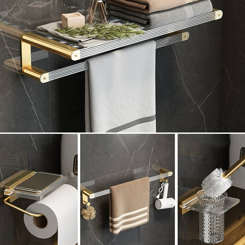 Modern Bathroom Accessory Set Bath Shelf Gold Towel Bar Bath Hardware Set 4-Piece Set(Single Rod) Clearhalo 'Bathroom Hardware Sets' 'Bathroom Hardware' 'Bathroom Remodel & Bathroom Fixtures' 'bathroom_hardware_sets' 'Home Improvement' 'home_improvement' 'home_improvement_bathroom_hardware_sets' 7117366