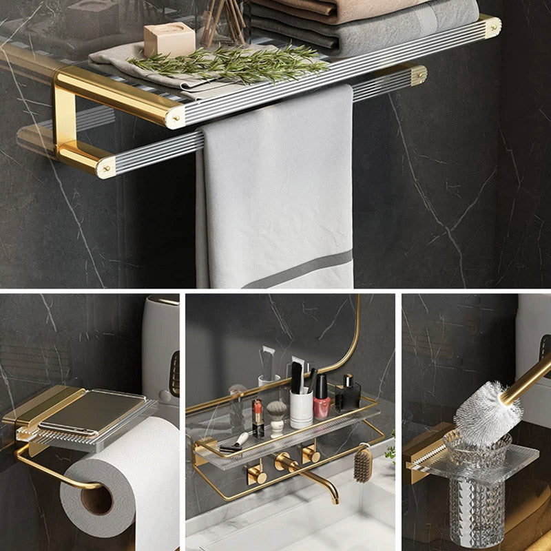 Modern Bathroom Accessory Set Bath Shelf Gold Towel Bar Bath Hardware Set 4-Piece Set (Single Deck Shelf) Clearhalo 'Bathroom Hardware Sets' 'Bathroom Hardware' 'Bathroom Remodel & Bathroom Fixtures' 'bathroom_hardware_sets' 'Home Improvement' 'home_improvement' 'home_improvement_bathroom_hardware_sets' 7117372