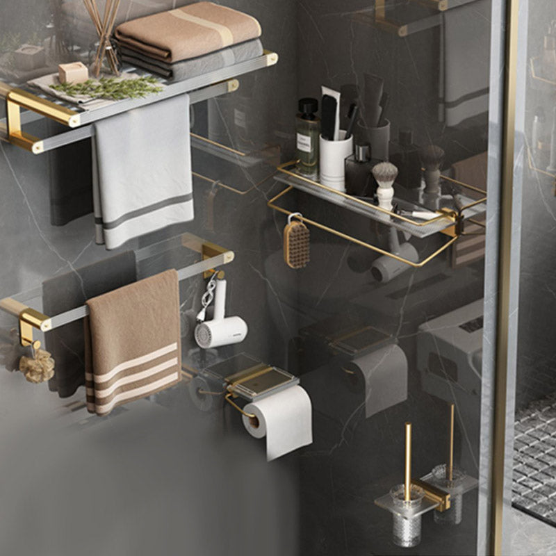 Modern Bathroom Accessory Set Bath Shelf Gold Towel Bar Bath Hardware Set 5-Piece Set (Toilet Brush) Clearhalo 'Bathroom Hardware Sets' 'Bathroom Hardware' 'Bathroom Remodel & Bathroom Fixtures' 'bathroom_hardware_sets' 'Home Improvement' 'home_improvement' 'home_improvement_bathroom_hardware_sets' 7117377