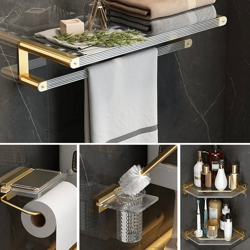 Modern Bathroom Accessory Set Bath Shelf Gold Towel Bar Bath Hardware Set 5-Piece Set (Toilet Paper Holder) Clearhalo 'Bathroom Hardware Sets' 'Bathroom Hardware' 'Bathroom Remodel & Bathroom Fixtures' 'bathroom_hardware_sets' 'Home Improvement' 'home_improvement' 'home_improvement_bathroom_hardware_sets' 7117378