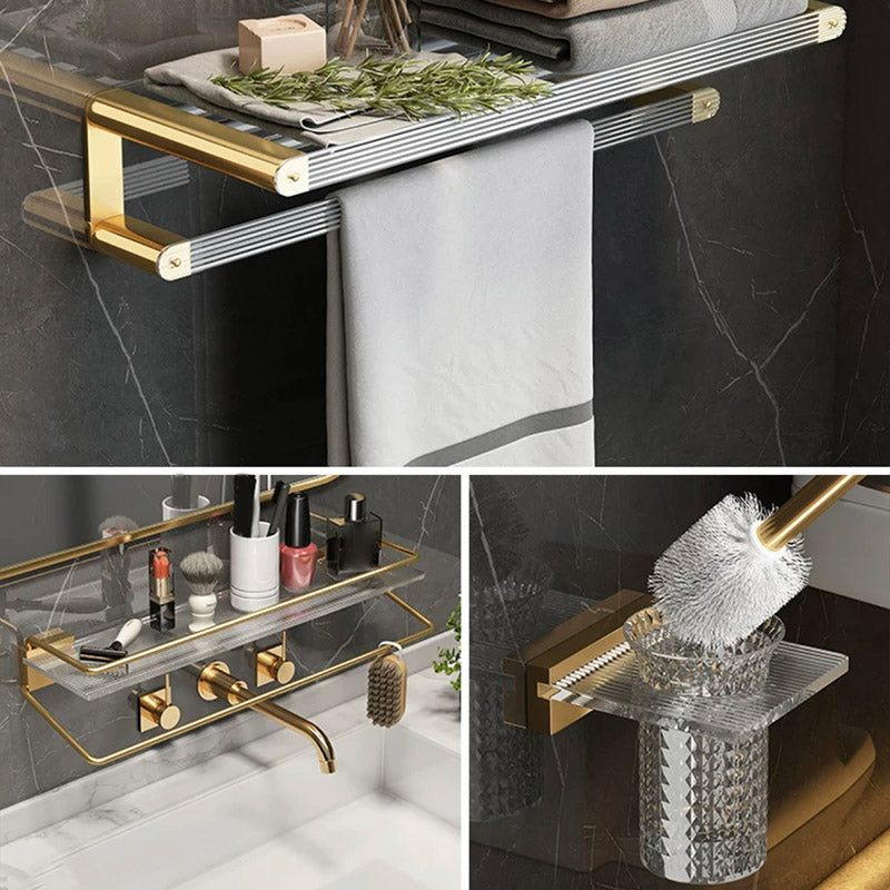 Modern Bathroom Accessory Set Bath Shelf Gold Towel Bar Bath Hardware Set 3-Piece Set (Square Bath Shelf) Clearhalo 'Bathroom Hardware Sets' 'Bathroom Hardware' 'Bathroom Remodel & Bathroom Fixtures' 'bathroom_hardware_sets' 'Home Improvement' 'home_improvement' 'home_improvement_bathroom_hardware_sets' 7117379