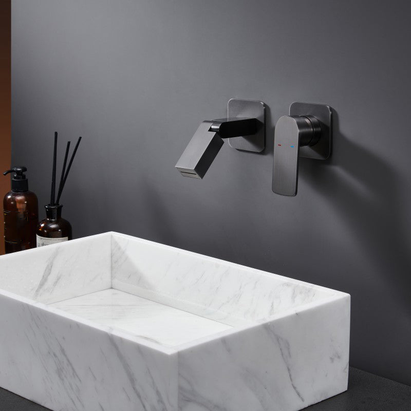 Modern Widespread Bathroom Faucet Metal Wall Mounted Bathroom Faucet Grey Clearhalo 'Bathroom Remodel & Bathroom Fixtures' 'Bathroom Sink Faucets' 'Bathroom Sinks & Faucet Components' 'bathroom_sink_faucets' 'Home Improvement' 'home_improvement' 'home_improvement_bathroom_sink_faucets' 7120207