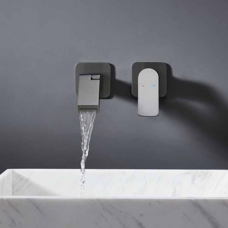 Modern Widespread Bathroom Faucet Metal Wall Mounted Bathroom Faucet Clearhalo 'Bathroom Remodel & Bathroom Fixtures' 'Bathroom Sink Faucets' 'Bathroom Sinks & Faucet Components' 'bathroom_sink_faucets' 'Home Improvement' 'home_improvement' 'home_improvement_bathroom_sink_faucets' 7120208