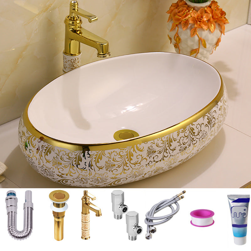 Glam Vessel Lavatory Sink Oval Porcelain with Faucet Vessel Sink 23.6"L x 15.7"W x 5.9"H Sink with Faucet Clearhalo 'Bathroom Remodel & Bathroom Fixtures' 'Bathroom Sinks & Faucet Components' 'Bathroom Sinks' 'bathroom_sink' 'Home Improvement' 'home_improvement' 'home_improvement_bathroom_sink' 7126444