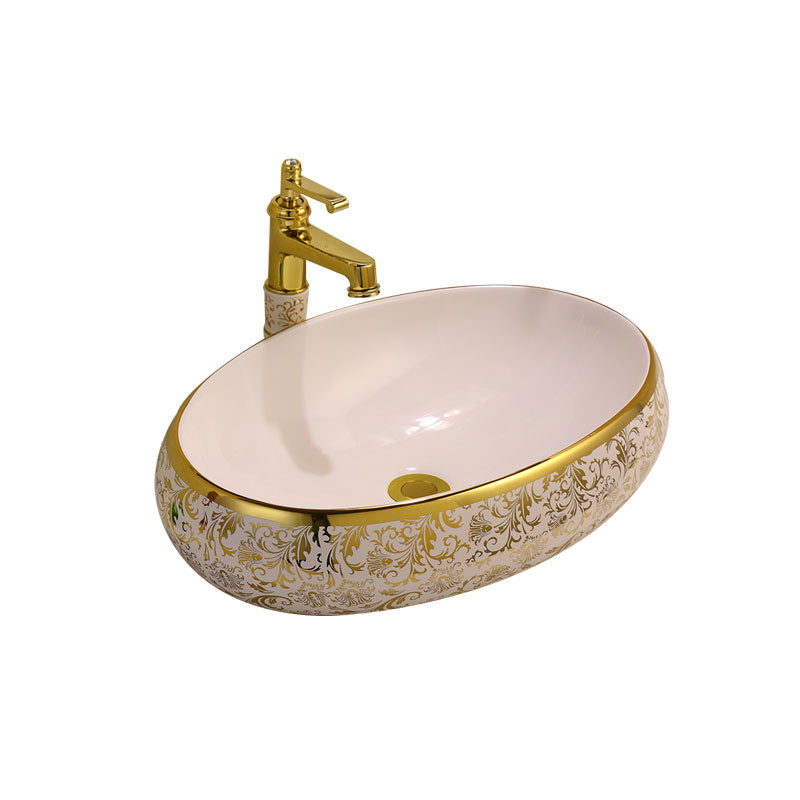 Glam Vessel Lavatory Sink Oval Porcelain with Faucet Vessel Sink Clearhalo 'Bathroom Remodel & Bathroom Fixtures' 'Bathroom Sinks & Faucet Components' 'Bathroom Sinks' 'bathroom_sink' 'Home Improvement' 'home_improvement' 'home_improvement_bathroom_sink' 7126447