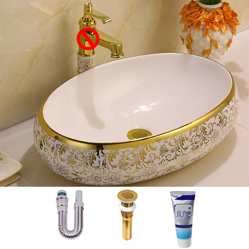 Glam Vessel Lavatory Sink Oval Porcelain with Faucet Vessel Sink 23.6"L x 15.7"W x 5.9"H Sink Clearhalo 'Bathroom Remodel & Bathroom Fixtures' 'Bathroom Sinks & Faucet Components' 'Bathroom Sinks' 'bathroom_sink' 'Home Improvement' 'home_improvement' 'home_improvement_bathroom_sink' 7126460