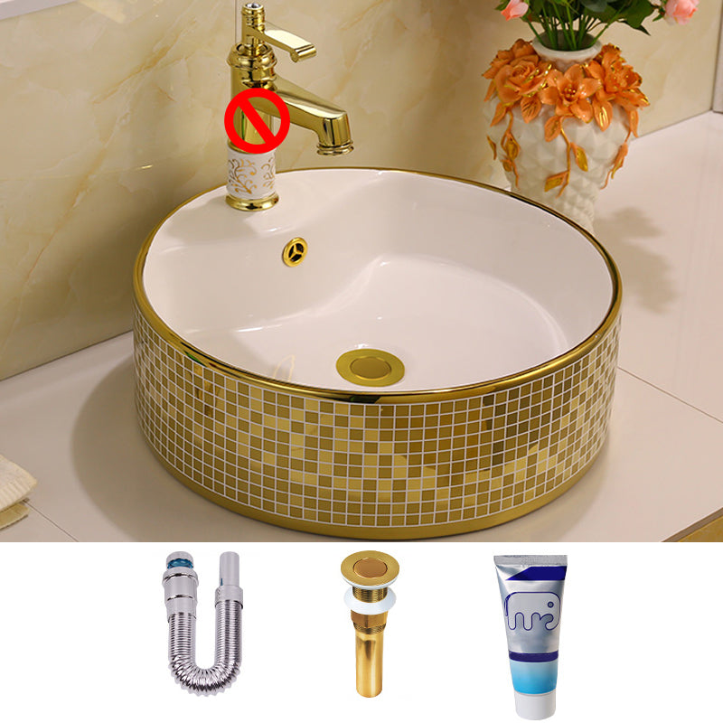 Glam Vessel Lavatory Sink Oval Porcelain with Faucet Vessel Sink 18"L x 18"W x 6"H Sink Clearhalo 'Bathroom Remodel & Bathroom Fixtures' 'Bathroom Sinks & Faucet Components' 'Bathroom Sinks' 'bathroom_sink' 'Home Improvement' 'home_improvement' 'home_improvement_bathroom_sink' 7126462