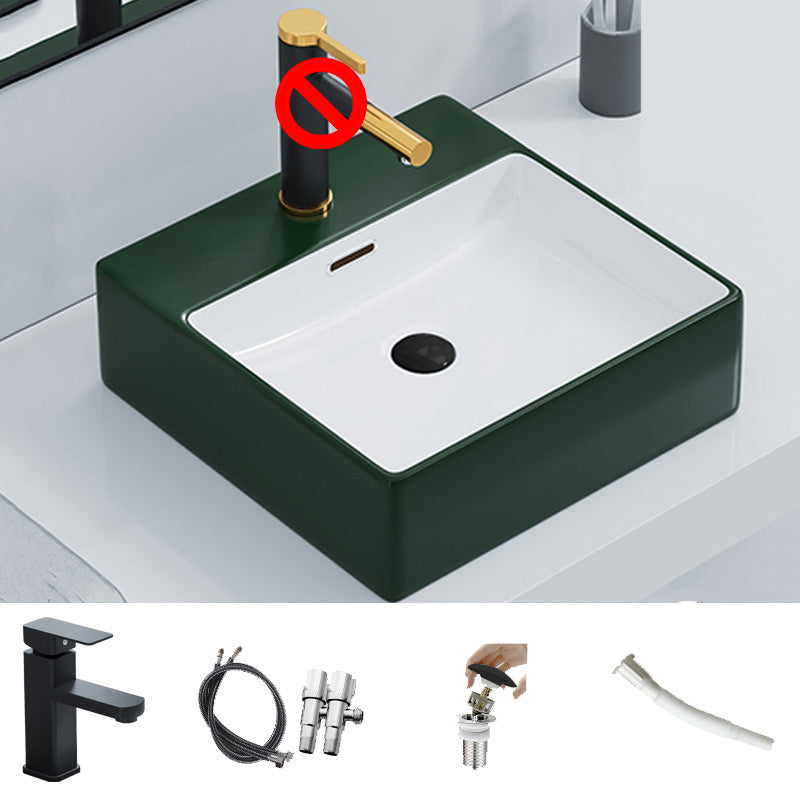 Ceramic Vessel Bath Sink Overflow Rectangular Swivel Faucet Bathroom Sink 17"L x 17"W x 5"H Blackish Green Sink with Faucet Clearhalo 'Bathroom Remodel & Bathroom Fixtures' 'Bathroom Sinks & Faucet Components' 'Bathroom Sinks' 'bathroom_sink' 'Home Improvement' 'home_improvement' 'home_improvement_bathroom_sink' 7126501