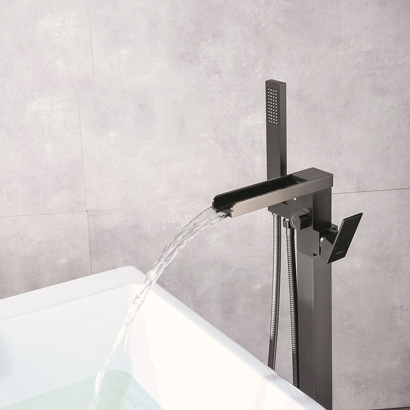 Modern Freestanding Tub Filler Trim Copper Floor Mounted with Handshower Bathroom Faucet Clearhalo 'Bathroom Remodel & Bathroom Fixtures' 'Bathtub Faucets' 'bathtub_faucets' 'Home Improvement' 'home_improvement' 'home_improvement_bathtub_faucets' 7126736