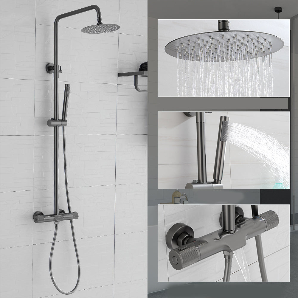 Wall Mounted Shower System Grey Knob Handle Shower System with Hand Shower 8" Round Clearhalo 'Bathroom Remodel & Bathroom Fixtures' 'Home Improvement' 'home_improvement' 'home_improvement_shower_faucets' 'Shower Faucets & Systems' 'shower_faucets' 'Showers & Bathtubs Plumbing' 'Showers & Bathtubs' 7126880