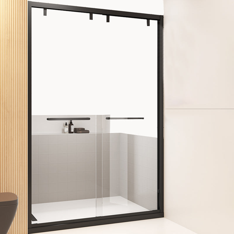 Narrow Edge Semi Frameless Shower Door Tempered Glass Double Sliding Shower Door Black Clearhalo 'Bathroom Remodel & Bathroom Fixtures' 'Home Improvement' 'home_improvement' 'home_improvement_shower_tub_doors' 'Shower and Tub Doors' 'shower_tub_doors' 'Showers & Bathtubs' 7128053