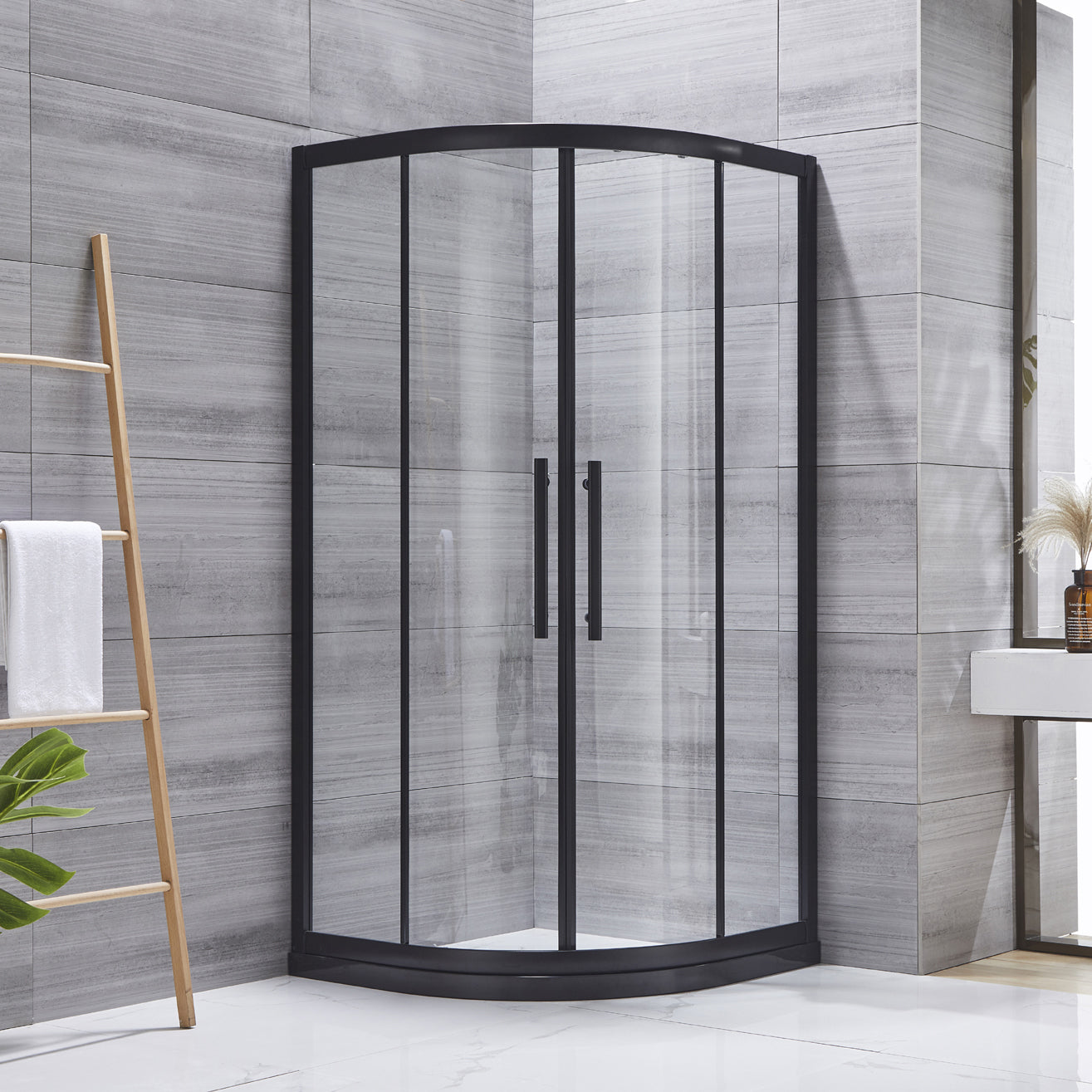 Neo-round Double Sliding Shower Enclosure Black Frame Shower Kit Clearhalo 'Bathroom Remodel & Bathroom Fixtures' 'Home Improvement' 'home_improvement' 'home_improvement_shower_stalls_enclosures' 'Shower Stalls & Enclosures' 'shower_stalls_enclosures' 'Showers & Bathtubs' 7128621