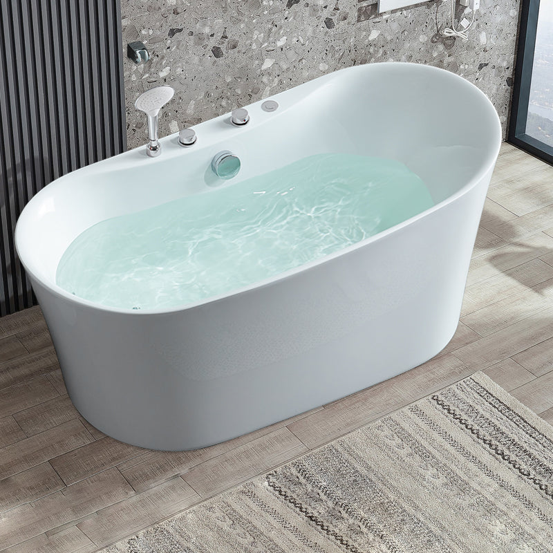 Acrylic Freestanding Bathtub Oval Modern Back to Wall Soaking Bath 59"L x 30"W x 27"H Tub with Silver 5-Piece Set Clearhalo 'Bathroom Remodel & Bathroom Fixtures' 'Bathtubs' 'Home Improvement' 'home_improvement' 'home_improvement_bathtubs' 'Showers & Bathtubs' 7132648