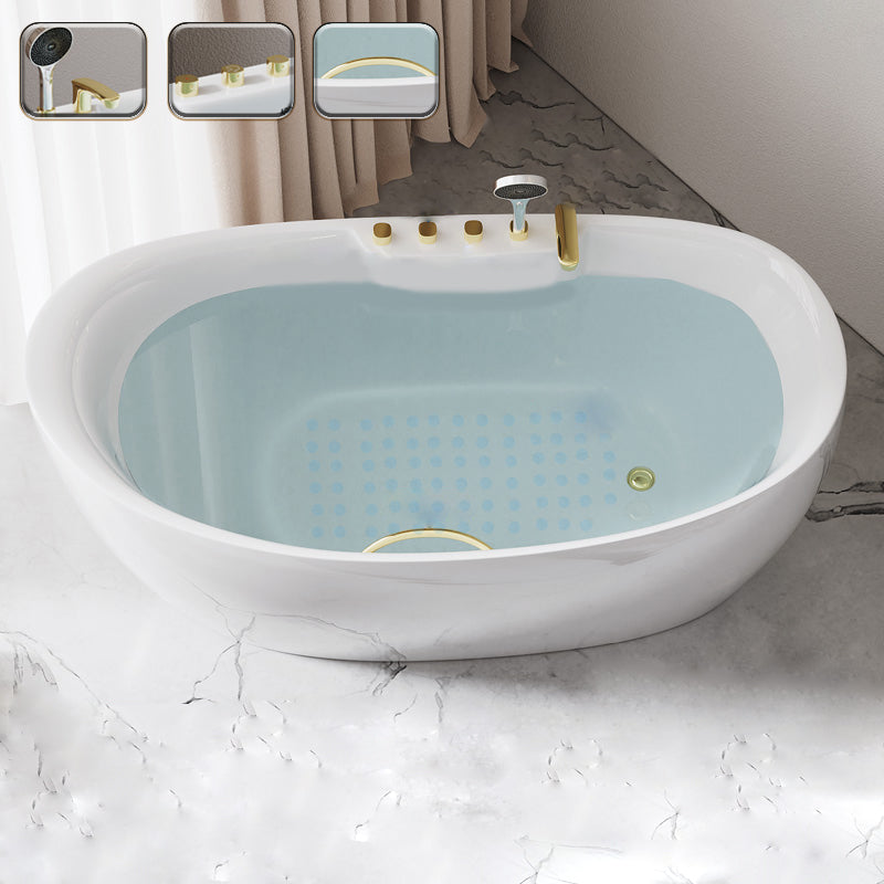 Acrylic Freestanding Bathtub Oval Modern Back to Wall Soaking Bath 63"L x 30"W x 27"H Tub with Gold 5-Piece Set Clearhalo 'Bathroom Remodel & Bathroom Fixtures' 'Bathtubs' 'Home Improvement' 'home_improvement' 'home_improvement_bathtubs' 'Showers & Bathtubs' 7132652