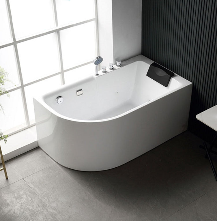 Acrylic Corner Bathtub Soaking White Modern Back to Wall Bath 55"L x 31"W x 23.5"H Left Tub with Silver 5-Piece Set Clearhalo 'Bathroom Remodel & Bathroom Fixtures' 'Bathtubs' 'Home Improvement' 'home_improvement' 'home_improvement_bathtubs' 'Showers & Bathtubs' 7132721