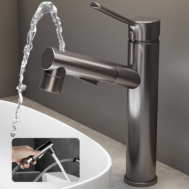 Bathroom Vessel Faucet Swivel Spout Single Handle Faucet with Pull down Sprayer Grey 11.7" Round Clearhalo 'Bathroom Remodel & Bathroom Fixtures' 'Bathroom Sink Faucets' 'Bathroom Sinks & Faucet Components' 'bathroom_sink_faucets' 'Home Improvement' 'home_improvement' 'home_improvement_bathroom_sink_faucets' 7132881