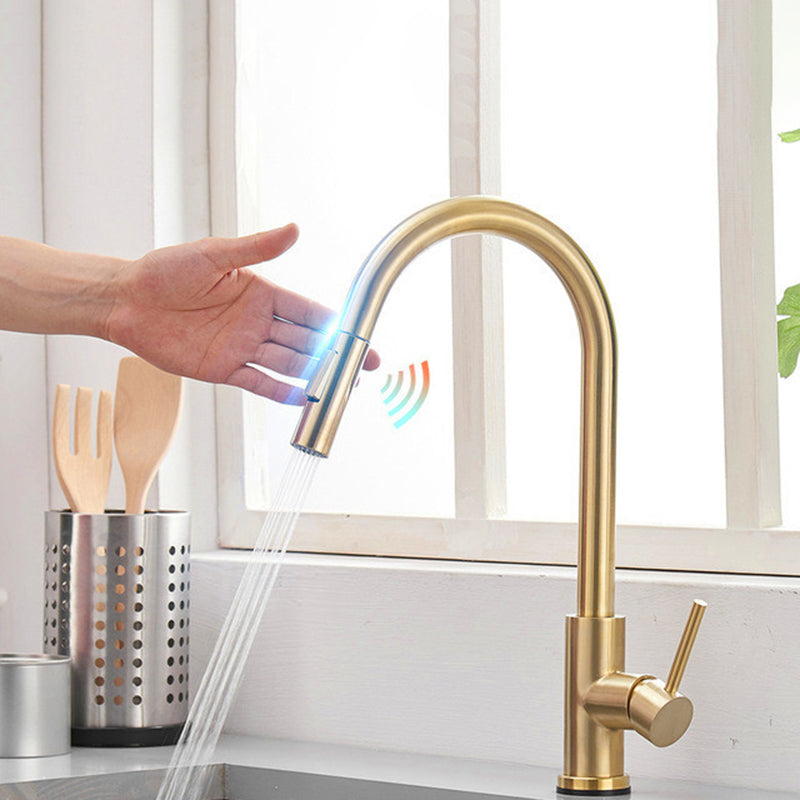 Kitchen Bar Faucet Swivel Spout Gooseneck Touch Sensor Faucet with Pull Down Sprayer Gold Touch Clearhalo 'Home Improvement' 'home_improvement' 'home_improvement_kitchen_faucets' 'Kitchen Faucets' 'Kitchen Remodel & Kitchen Fixtures' 'Kitchen Sinks & Faucet Components' 'kitchen_faucets' 7132980