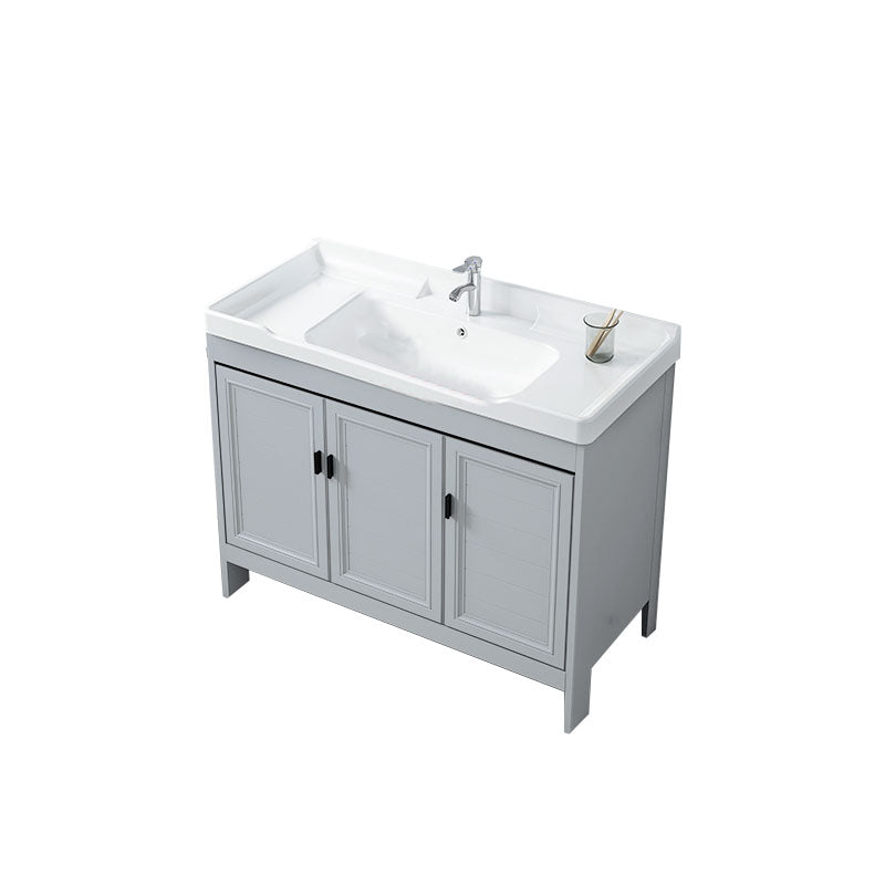 Vanity Glam Mirror Single Sink Metal Frame Freestanding Grey Faucet Vanity with Doors Vanity & Faucet Clearhalo 'Bathroom Remodel & Bathroom Fixtures' 'Bathroom Vanities' 'bathroom_vanities' 'Home Improvement' 'home_improvement' 'home_improvement_bathroom_vanities' 7145193