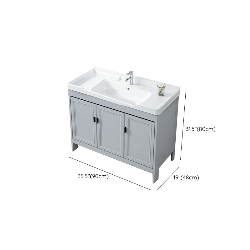 Vanity Glam Mirror Single Sink Metal Frame Freestanding Grey Faucet Vanity with Doors Clearhalo 'Bathroom Remodel & Bathroom Fixtures' 'Bathroom Vanities' 'bathroom_vanities' 'Home Improvement' 'home_improvement' 'home_improvement_bathroom_vanities' 7145203