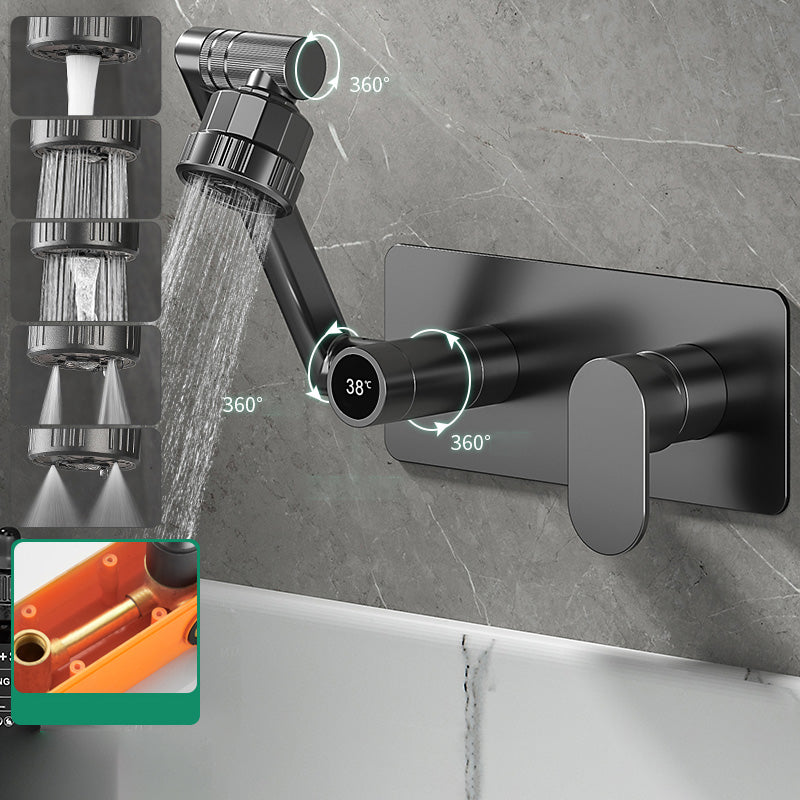 Modern Widespread Wall Mounted Bathroom Sink Faucet Lever Handle Low Arc Faucet Gun Grey Swivel Faucet ( Digital Display Included) Indicators Included Clearhalo 'Bathroom Remodel & Bathroom Fixtures' 'Bathroom Sink Faucets' 'Bathroom Sinks & Faucet Components' 'bathroom_sink_faucets' 'Home Improvement' 'home_improvement' 'home_improvement_bathroom_sink_faucets' 7147892