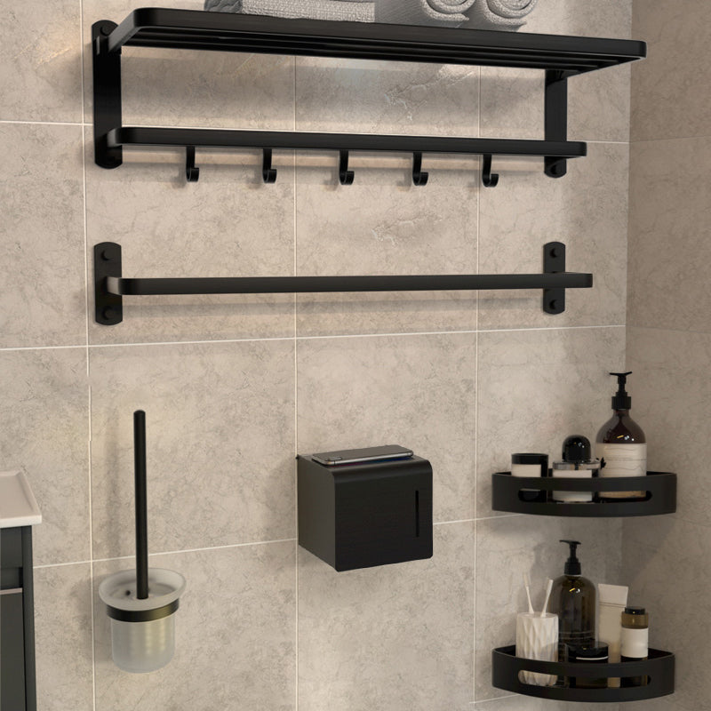 Modern Bathroom Accessory Kit Black Paper Holder Bath Shelf Bath Hardware Set Black 6-Piece Set (Single Rod) Clearhalo 'Bathroom Hardware Sets' 'Bathroom Hardware' 'Bathroom Remodel & Bathroom Fixtures' 'bathroom_hardware_sets' 'Home Improvement' 'home_improvement' 'home_improvement_bathroom_hardware_sets' 7159197