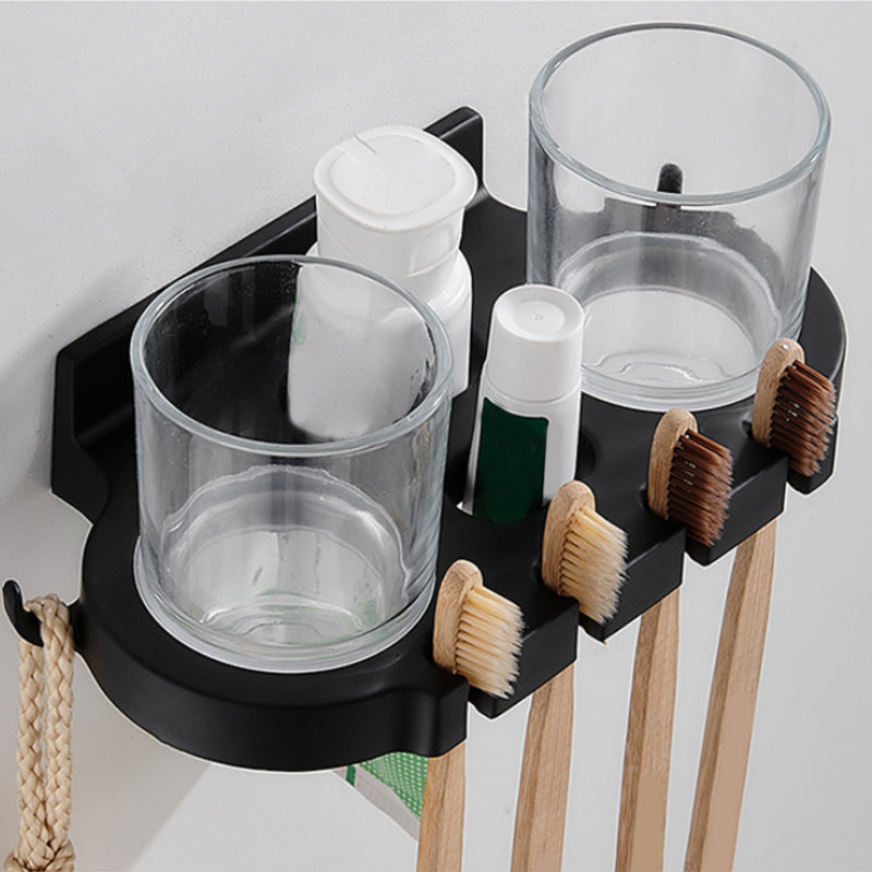 Modern Bath Hardware Set Black Towel Bar Paper Holder Bathroom Accessory Kit Toothbrush Holder (Double Cups) Clearhalo 'Bathroom Hardware Sets' 'Bathroom Hardware' 'Bathroom Remodel & Bathroom Fixtures' 'bathroom_hardware_sets' 'Home Improvement' 'home_improvement' 'home_improvement_bathroom_hardware_sets' 7159330