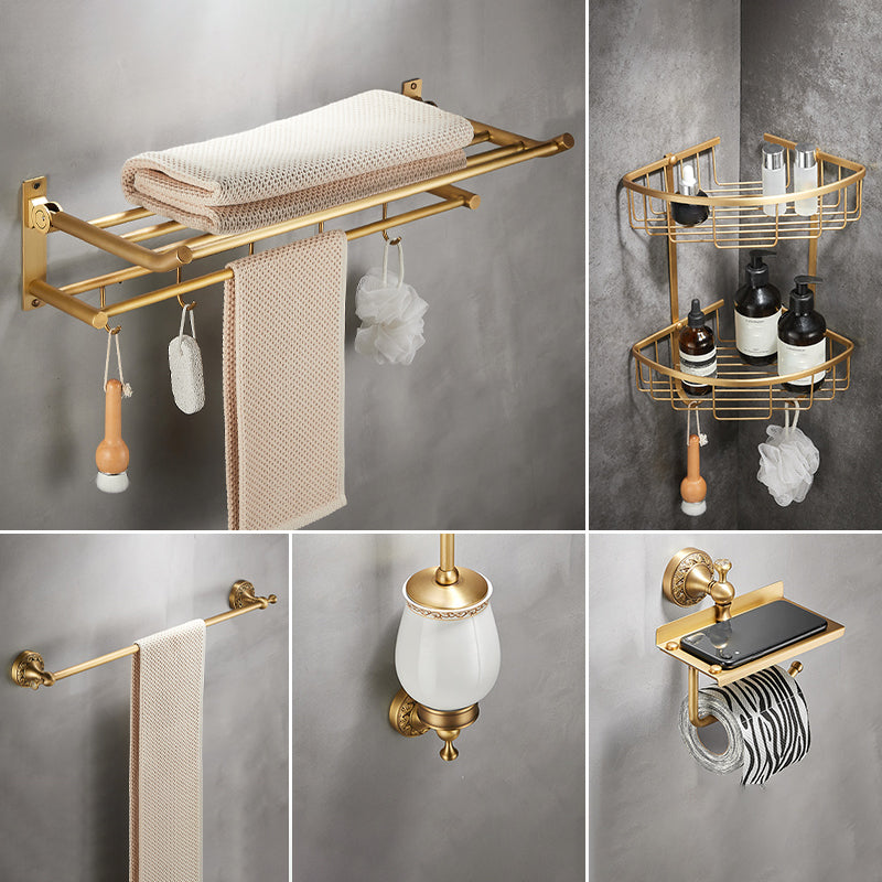 Modern Bathroom Accessory Kit Paper Holder Bath Shelf Gold Bath Hardware Set 5-Piece Set (Single Rod) Clearhalo 'Bathroom Hardware Sets' 'Bathroom Hardware' 'Bathroom Remodel & Bathroom Fixtures' 'bathroom_hardware_sets' 'Home Improvement' 'home_improvement' 'home_improvement_bathroom_hardware_sets' 7159393