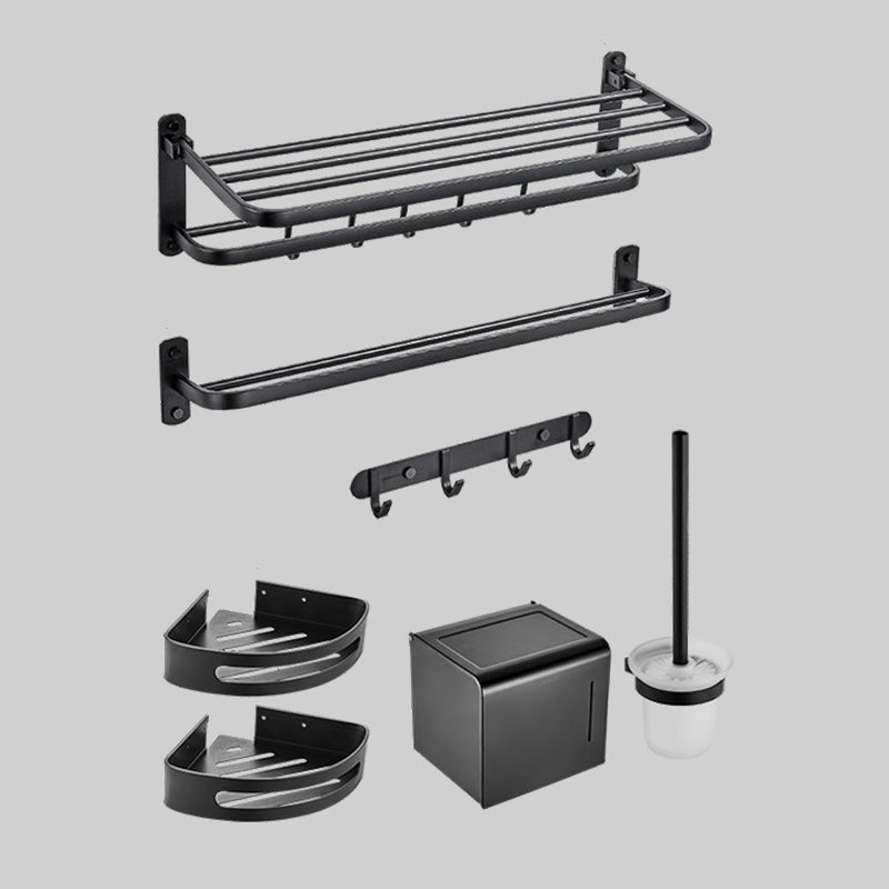 Modern Black Bathroom Accessory Kit Towel Bar Bath Shelf Bath Hardware Set 7-Piece Set (Double Rods) Clearhalo 'Bathroom Hardware Sets' 'Bathroom Hardware' 'Bathroom Remodel & Bathroom Fixtures' 'bathroom_hardware_sets' 'Home Improvement' 'home_improvement' 'home_improvement_bathroom_hardware_sets' 7159453