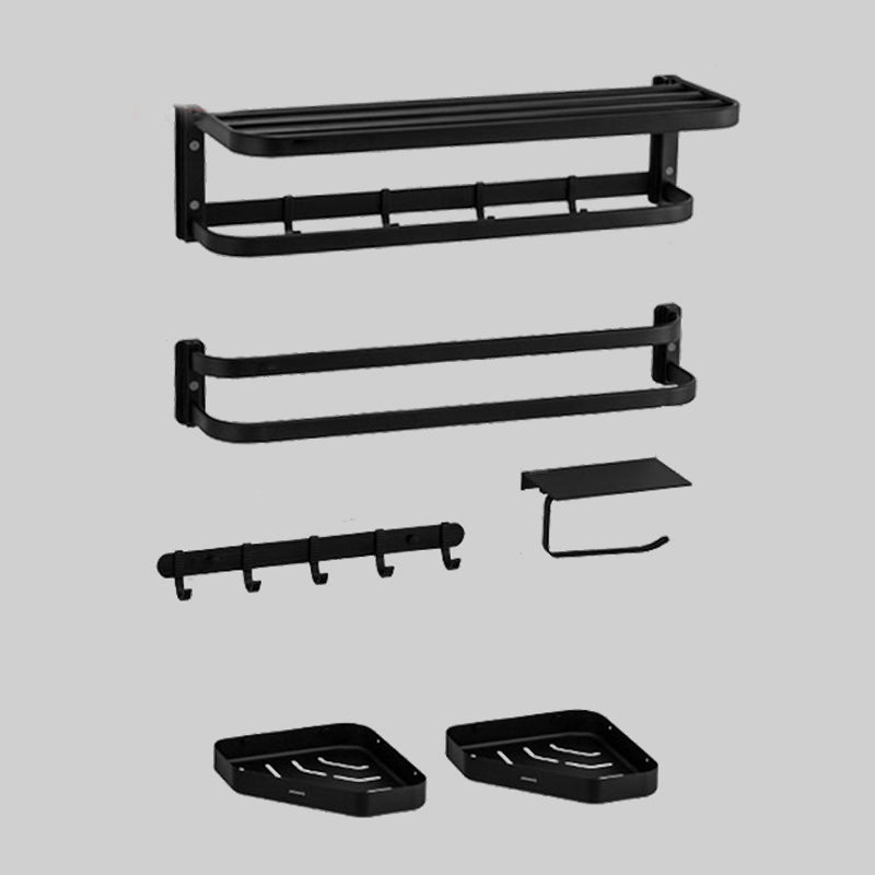 Modern Black Bathroom Accessory Kit Towel Bar Bath Shelf Bath Hardware Set 6-Piece Set (Double Rods) Clearhalo 'Bathroom Hardware Sets' 'Bathroom Hardware' 'Bathroom Remodel & Bathroom Fixtures' 'bathroom_hardware_sets' 'Home Improvement' 'home_improvement' 'home_improvement_bathroom_hardware_sets' 7159456