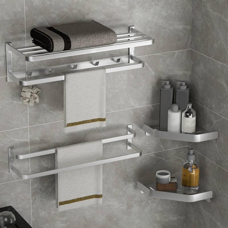 Modern Bath Hardware Set Silver Bath Shelf Towel Bar Bathroom Accessory Kit 4-Piece Set (Double Rods) Clearhalo 'Bathroom Hardware Sets' 'Bathroom Hardware' 'Bathroom Remodel & Bathroom Fixtures' 'bathroom_hardware_sets' 'Home Improvement' 'home_improvement' 'home_improvement_bathroom_hardware_sets' 7159469