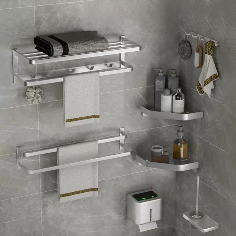 Modern Bath Hardware Set Silver Bath Shelf Towel Bar Bathroom Accessory Kit 7-Piece Set (Double Rods) Clearhalo 'Bathroom Hardware Sets' 'Bathroom Hardware' 'Bathroom Remodel & Bathroom Fixtures' 'bathroom_hardware_sets' 'Home Improvement' 'home_improvement' 'home_improvement_bathroom_hardware_sets' 7159474