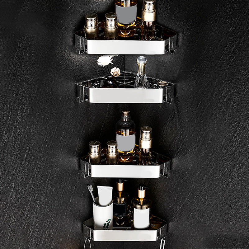 Contemporary Triangle Bath Shelf Stainless Steel Bathroom Set with Robe Hooks Chrome 4 Piece Set Clearhalo 'Bathroom Hardware Sets' 'Bathroom Hardware' 'Bathroom Remodel & Bathroom Fixtures' 'bathroom_hardware_sets' 'Home Improvement' 'home_improvement' 'home_improvement_bathroom_hardware_sets' 7159931