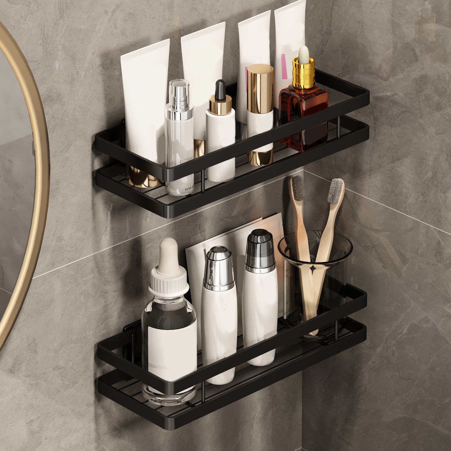 2 Piece Bath Shelf in Matte Black Metal Bathroom Hardware Set Clearhalo 'Bathroom Hardware Sets' 'Bathroom Hardware' 'Bathroom Remodel & Bathroom Fixtures' 'bathroom_hardware_sets' 'Home Improvement' 'home_improvement' 'home_improvement_bathroom_hardware_sets' 7160105