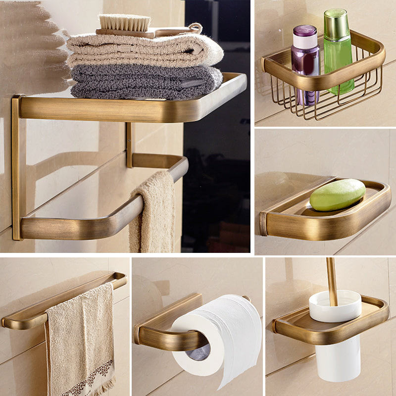 Brushed Brass 4-Piece Bathroom Accessory Set Vintage Bronze Bath Shelf/Towel Bar Clearhalo 'Bathroom Hardware Sets' 'Bathroom Hardware' 'Bathroom Remodel & Bathroom Fixtures' 'bathroom_hardware_sets' 'Home Improvement' 'home_improvement' 'home_improvement_bathroom_hardware_sets' 7160190