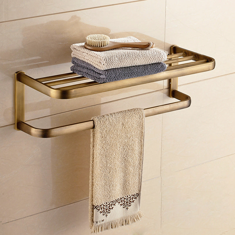 Brushed Brass 4-Piece Bathroom Accessory Set Vintage Bronze Bath Shelf/Towel Bar Towel Rack Clearhalo 'Bathroom Hardware Sets' 'Bathroom Hardware' 'Bathroom Remodel & Bathroom Fixtures' 'bathroom_hardware_sets' 'Home Improvement' 'home_improvement' 'home_improvement_bathroom_hardware_sets' 7160200