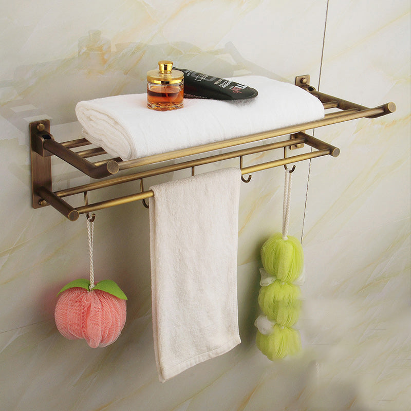 Brushed Brass 4-Piece Bathroom Accessory Set Vintage Bronze Bath Shelf/Towel Bar Foldable Towel Rack Clearhalo 'Bathroom Hardware Sets' 'Bathroom Hardware' 'Bathroom Remodel & Bathroom Fixtures' 'bathroom_hardware_sets' 'Home Improvement' 'home_improvement' 'home_improvement_bathroom_hardware_sets' 7160210