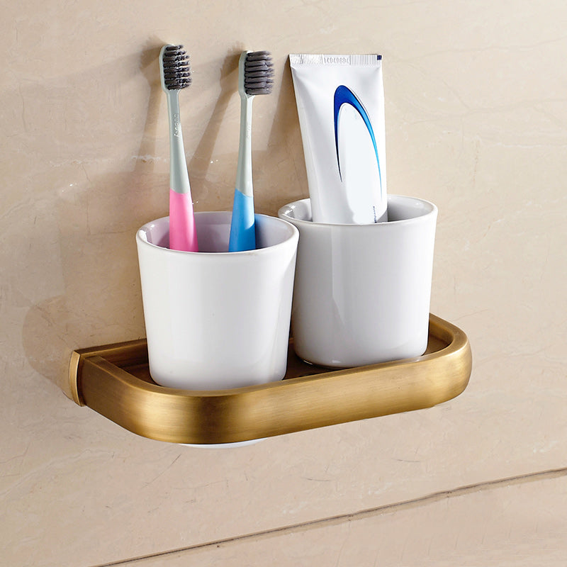 Brushed Brass 4-Piece Bathroom Accessory Set Vintage Bronze Bath Shelf/Towel Bar Double Cup Holder Clearhalo 'Bathroom Hardware Sets' 'Bathroom Hardware' 'Bathroom Remodel & Bathroom Fixtures' 'bathroom_hardware_sets' 'Home Improvement' 'home_improvement' 'home_improvement_bathroom_hardware_sets' 7160211