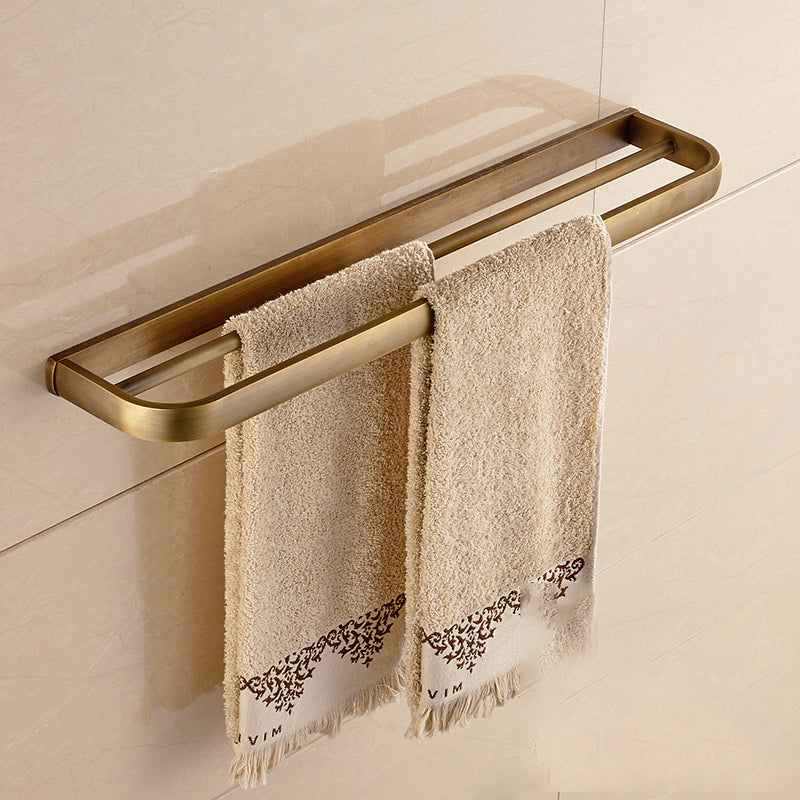 Brushed Brass 4-Piece Bathroom Accessory Set Vintage Bronze Bath Shelf/Towel Bar Double Bars Towel Bar Clearhalo 'Bathroom Hardware Sets' 'Bathroom Hardware' 'Bathroom Remodel & Bathroom Fixtures' 'bathroom_hardware_sets' 'Home Improvement' 'home_improvement' 'home_improvement_bathroom_hardware_sets' 7160215