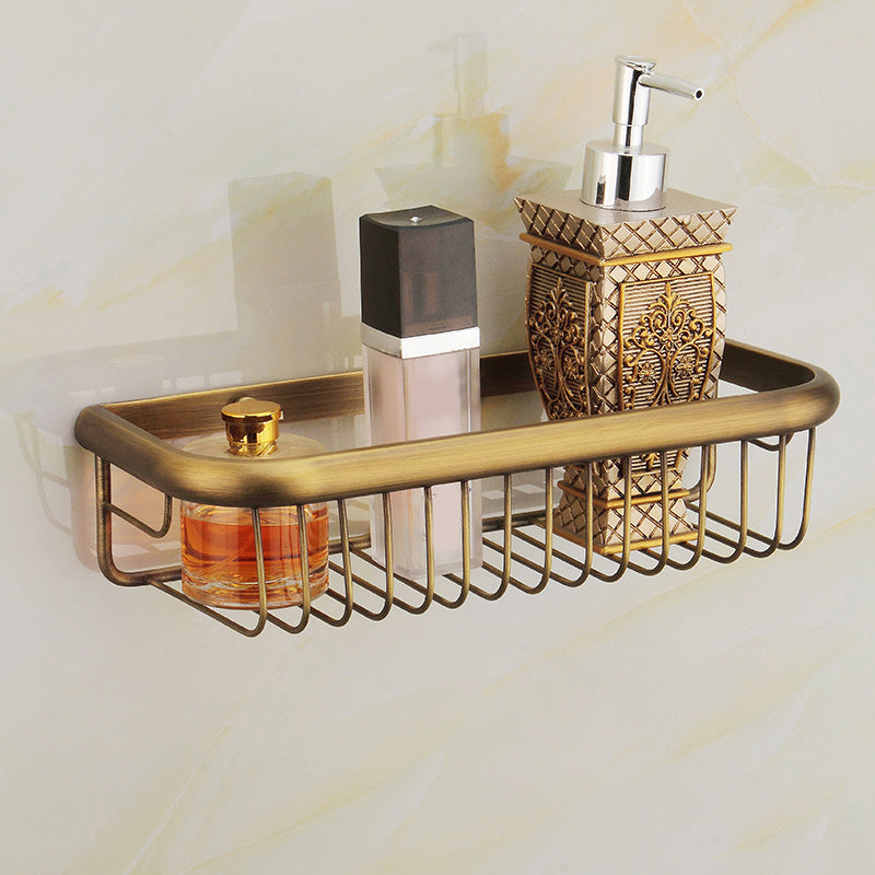 Brushed Brass 4-Piece Bathroom Accessory Set Vintage Bronze Bath Shelf/Towel Bar Square Bath Basket Clearhalo 'Bathroom Hardware Sets' 'Bathroom Hardware' 'Bathroom Remodel & Bathroom Fixtures' 'bathroom_hardware_sets' 'Home Improvement' 'home_improvement' 'home_improvement_bathroom_hardware_sets' 7160218