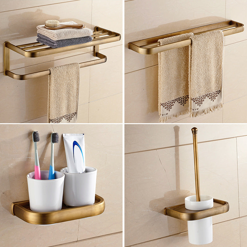 Brushed Brass 4-Piece Bathroom Accessory Set Vintage Bronze Bath Shelf/Towel Bar 4-Piece Set (Double Cup Holder) Clearhalo 'Bathroom Hardware Sets' 'Bathroom Hardware' 'Bathroom Remodel & Bathroom Fixtures' 'bathroom_hardware_sets' 'Home Improvement' 'home_improvement' 'home_improvement_bathroom_hardware_sets' 7160219