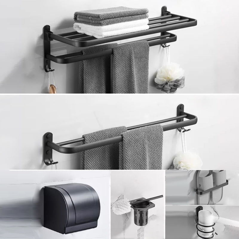 Modern Black Bathroom Accessory Kit Paper Holder Towel Bar Bath Hardware Set 6-Piece Set (Double Rods) Clearhalo 'Bathroom Hardware Sets' 'Bathroom Hardware' 'Bathroom Remodel & Bathroom Fixtures' 'bathroom_hardware_sets' 'Home Improvement' 'home_improvement' 'home_improvement_bathroom_hardware_sets' 7160476