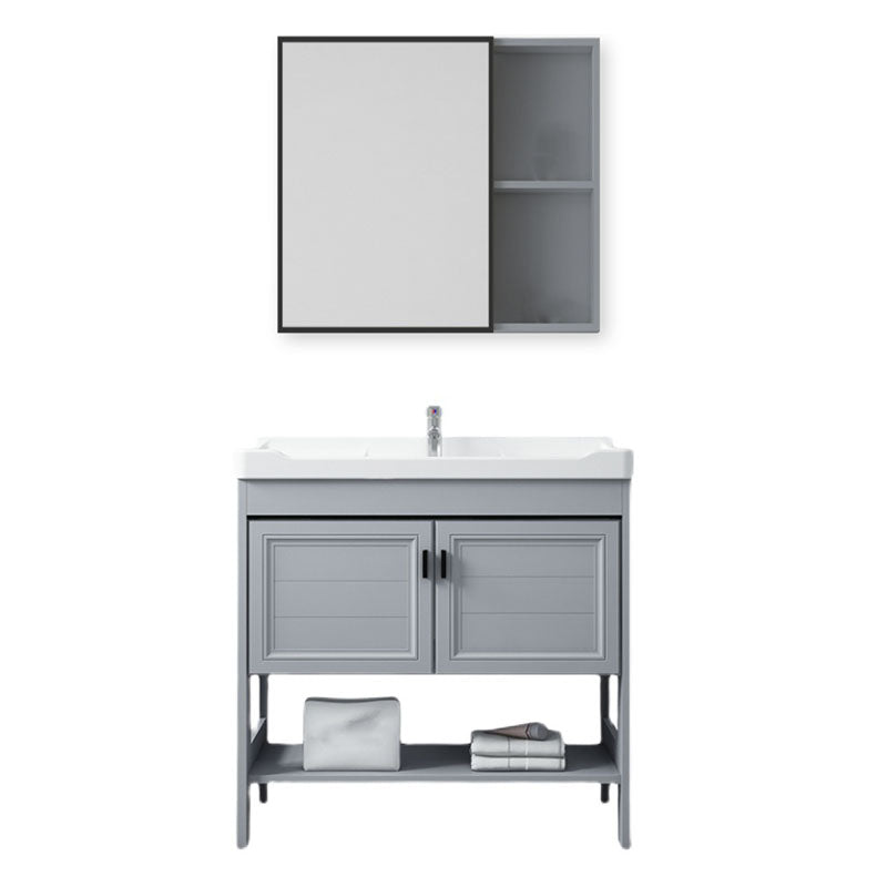 Shelving Included Bath Vanity Freestanding Grey Single Sink 2 Doors Metal Frame Vanity Clearhalo 'Bathroom Remodel & Bathroom Fixtures' 'Bathroom Vanities' 'bathroom_vanities' 'Home Improvement' 'home_improvement' 'home_improvement_bathroom_vanities' 7160535