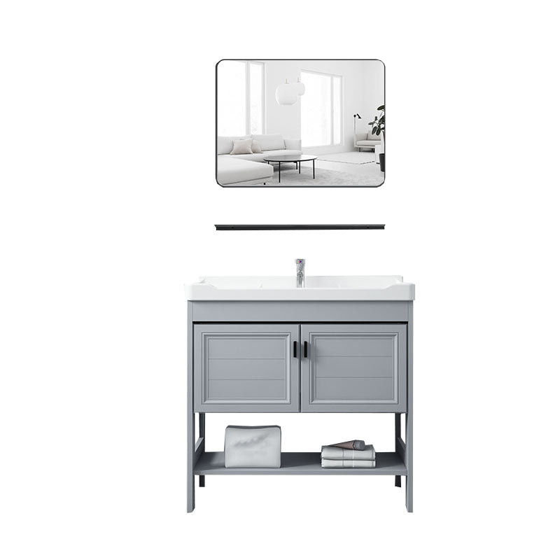 Shelving Included Bath Vanity Freestanding Grey Single Sink 2 Doors Metal Frame Vanity Vanity & Faucet & Mirrors Clearhalo 'Bathroom Remodel & Bathroom Fixtures' 'Bathroom Vanities' 'bathroom_vanities' 'Home Improvement' 'home_improvement' 'home_improvement_bathroom_vanities' 7160542